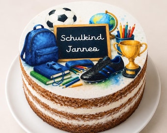 Personalized fondant cake topper for the first day of school, with football motifs, diameter freely selectable up to 20 cm