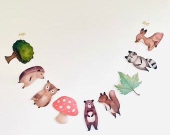 2 m garland *forest animals* made of cardboard I deer bear badger hedgehog owl squirrel toadstool tree leaf I children&#39;s room decoration birthday decoration