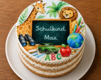 Personalized fondant cake topper for the first day of school, with safari motifs, diameter freely selectable up to 20 cm