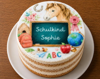 Personalized fondant cake topper for the first day of school, with horse motifs, diameter freely selectable up to 20 cm