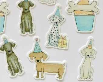 May include: A set of nine dog stickers with a birthday theme. The stickers feature dogs wearing party hats, holding presents, and eating ice cream. The stickers are perfect for adding a touch of fun to your planner, journal, or laptop.