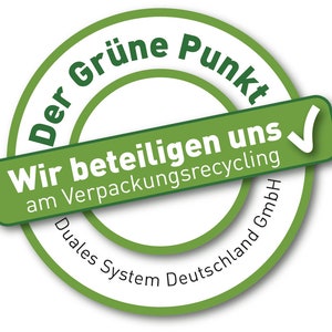 May include: Green circle with the text "Der Gr&uuml;ne Punkt" and "Wir beteiligen uns am Verpackungsrecycling Duales System Deutschland GmbH" inside.