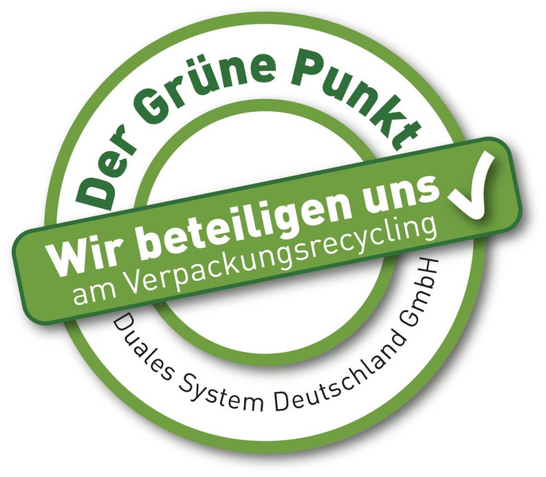 May include: Green circle with the text "Der Gr&uuml;ne Punkt" and "Wir beteiligen uns am Verpackungsrecycling Duales System Deutschland GmbH" inside.