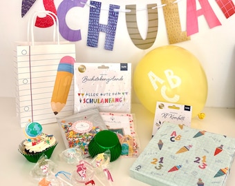 Complete party box for starting school / first day of school / first day of school celebration / with baking decorations, table decorations, room decorations and party favors