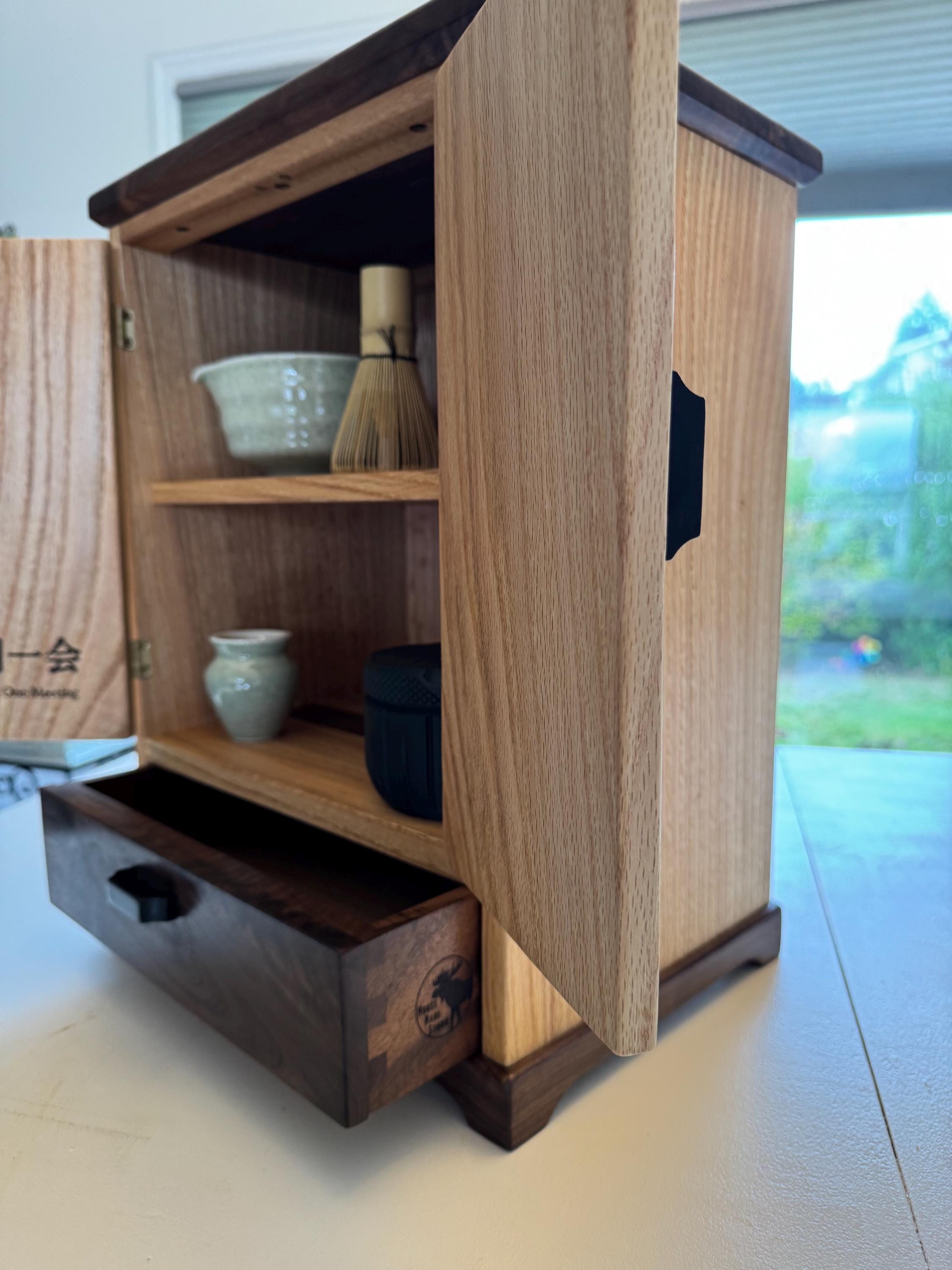 Handcrafted Matcha Tea Cabinet Solid Oak & Walnut Japanese Tea