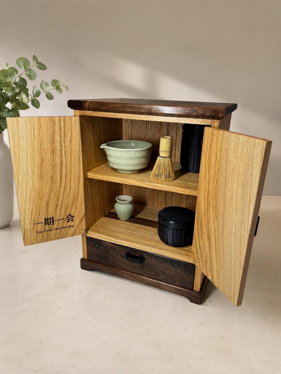 Handcrafted Matcha Tea Cabinet Solid Oak & Walnut Japanese Tea