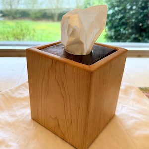 Handcrafted Maple Tissue Box Cover with Figured Walnut Lid – Solid Wood Kleenex Holder – Heavy Maple and Oregon Black Walnut – Rustic Modern