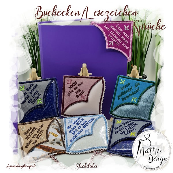 Buchecken/Leszeichen mit Sprüchen  ITH  Stickdatei Rahmengröße 10 x 10 (6er Set)