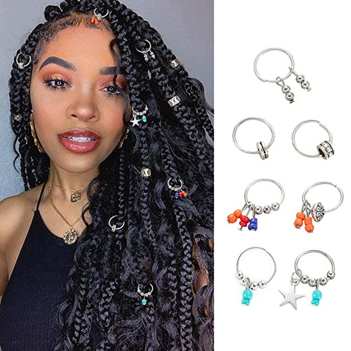 7pcs Hair Braid Rings Silver Star Hair Rings Silver Beads Etsy