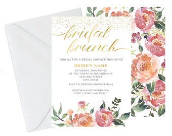 Customizable Bridal Shower Brunch Invitation - Pink, Gold, and Floral