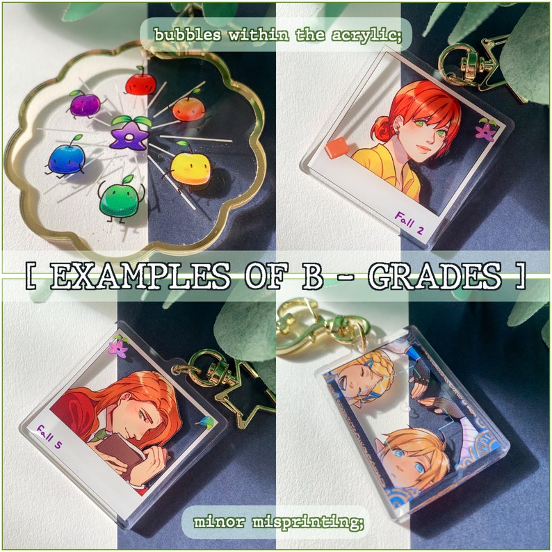 May include: A collection of acrylic charms and a decorative tray. The tray features cartoon fruit designs. The charms showcase anime-style illustrations of characters. The text on the charms reads "Fall 2" and "Fall 5".