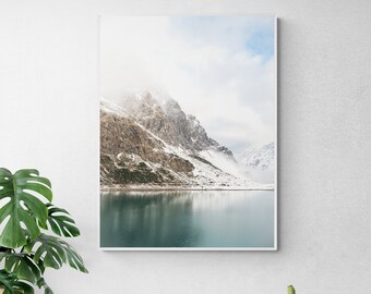 Mountain Landscape Print, Sunset Mountain Print, Mist Covered Mountain Wall Decor, Poster of the lake under the mountain, Scandinavian Print