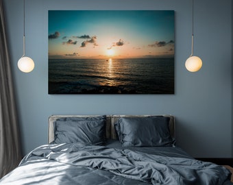 Ocean Sunset Print, Orange and Blue Wall Art, Ocean Sunrise Print, Ocean Wall Art, Sunset Beach Print, Sea Printable Art, Ship in Sea Sunset