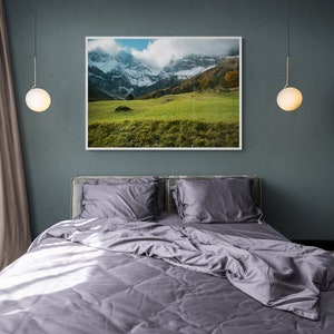 Color landscape print, mountain and forest, day landscape, Wall print of mountains, Mountain day landscape, white mountains