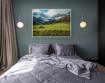 Color landscape print, mountain and forest, day landscape, Wall print of mountains, Mountain day landscape, white mountains