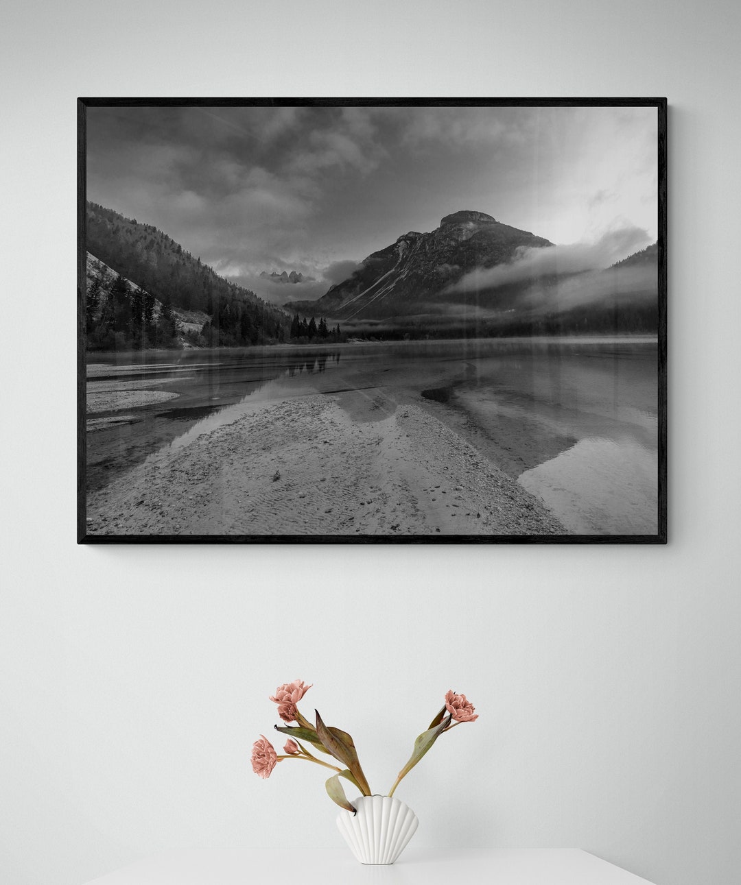 Black and White Mountain Print Art, Black and White Lake Print, Black ...