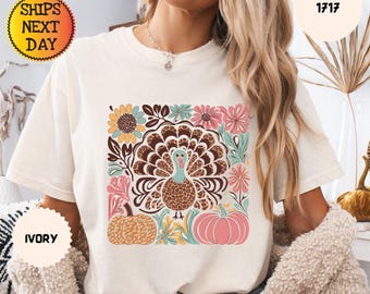 Comfort Colors Floral Turkey T-Shirt: Thanksgiving Boho Tee