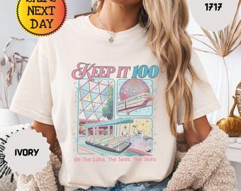 Comfort Colors Keep It 100 On The Land The Seas The Skies Shirt, Disney Boat Seagull Tee, Disney Parks with Spaceship Earth T-shirt