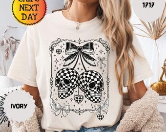 Comfort Colors Coquette Checkered Cherry Skull Shirt, Halloween Gothic Women T-shirt, Trendy Halloween Gift