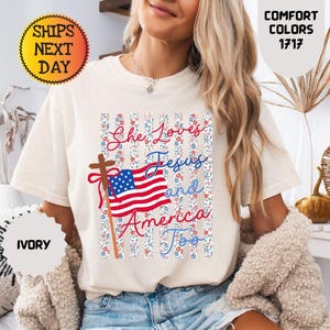 Comfort Colors Floral Stripes She Loves Jesus And America Too Shirt, 4th of July