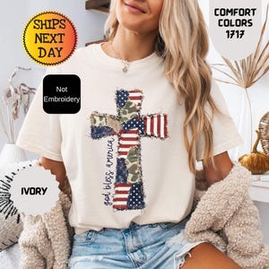 Comfort Colors Faux Patchwork Usa Flag Cross Shirt, God Bless America T-shirt, Not Embroidery