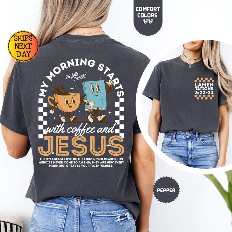 Komfortfärger Kaffe och Jesus-skjorta: Retro kristen t-shirt bild 2