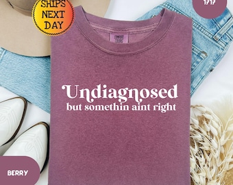 Puede incluir: Una camiseta de cuello redondo color baya con el texto blanco Undiagnosed but somethin aint right impreso en la parte delantera. La prenda tiene una etiqueta de la marca Comfort Colors en el cuello interior y un diseño casual de manga corta.