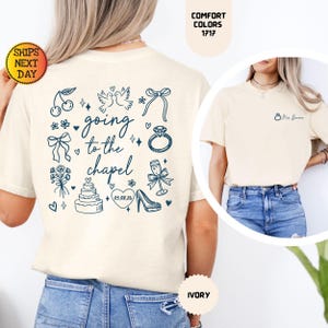 Maglietta personalizzata per addio al nubilato Comfort Colors®, maglietta personalizzata &quot;Andrò alla cappella e mi sposerò&quot;, maglietta &quot;Sposa con lo sposi&quot; Doodle Coquette