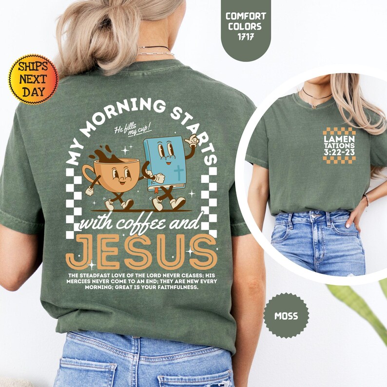 Komfortfärger Kaffe och Jesus-skjorta: Retro kristen t-shirt bild 3
