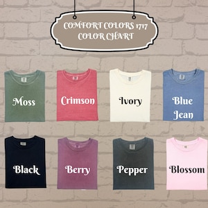 Pu&ograve; includere: Un campionario di colori mostra magliette piegate in vari colori, tra cui muschio, cremisi, avorio, blu jeans, nero, bacca, pepe e fioritura. Il testo "COMFORT COLORS 1717 COLOR CHART" &egrave; in alto. Le magliette sono su uno sfondo di muro di mattoni.