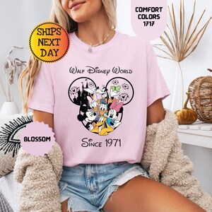 Pode incluir: Camiseta rosa claro com um desenho de personagens da Disney dentro da silhueta do Mickey Mouse. O texto "Walt Disney World Since 1971" est&aacute; impresso abaixo. A camiseta &eacute; feita de material macio.