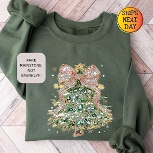 Coquette Christmas Tree Fake Rhinestone Sweatshirt, Coquette Holiday Hoodie, Not Mosaic and Sparkly