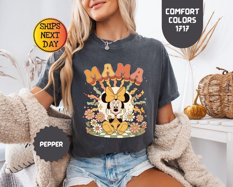 Comfort Colors® Floral Disney Mama Shirt, Spring Mom Tee, Minnie Mouse T-shirt, Mothers Gift image 3