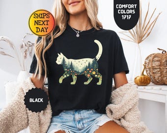 Comfort Colors Boho Cat Plants Shirt: Nature Trees Wild Flowers Tees, Women Cat Lovers
