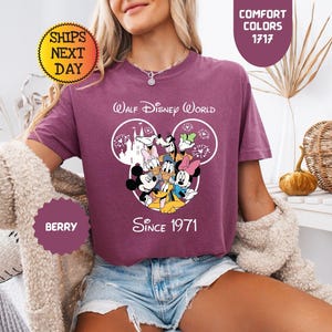 Pode incluir: Camiseta cor de berry com um design do Walt Disney World com Mickey Mouse e amigos. A camisa inclui o texto "Walt Disney World Since 1971". A camisa tem gola redonda e mangas curtas. A imagem tamb&eacute;m inclui o texto "Comfort Colors 1717".