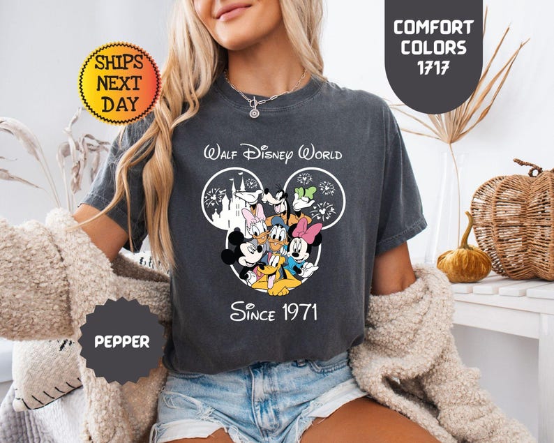 Pode incluir: T-shirt cinzento escuro com um design do Walt Disney World com Mickey Mouse, Pato Donald e outros personagens. O design inclui o texto "Walt Disney World" e "Since 1971". A camisa tamb&eacute;m tem o texto "Comfort Colors 1717".