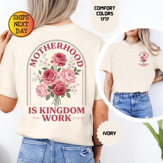 Retro Motherhood Is Kingdom Work Comfort Colors© Shirt, Christian Mom Gift, Religious Floral Shirt
