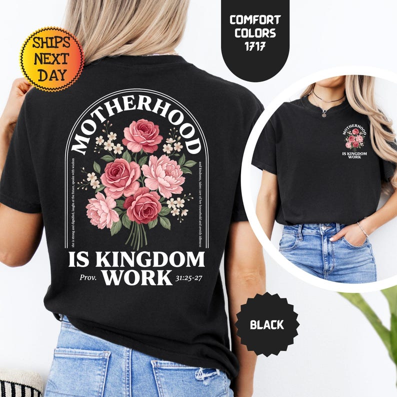 Maglietta Retro Motherhood Is Kingdom Work Comfort Colors©, regalo per la mamma cristiana, maglietta religiosa floreale immagine 4