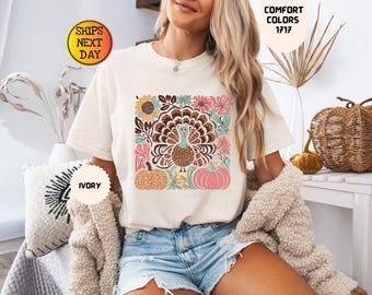 Comfort Colors Floral Turkey T-Shirt: Thanksgiving Boho Tee