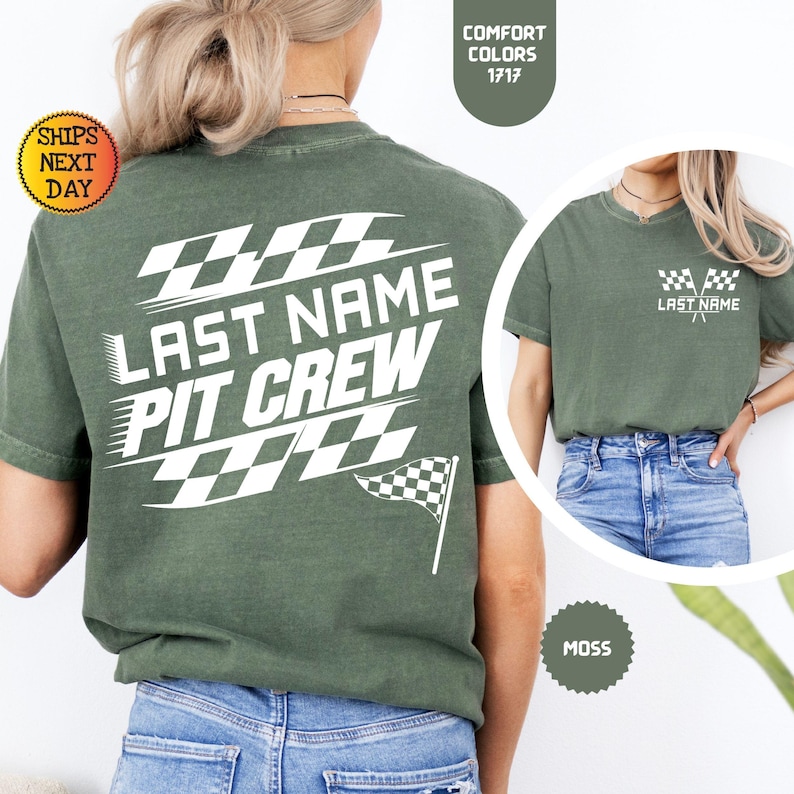 May include: Green t-shirt with a white checkered flag design and the text "LAST NAME PIT CREW".