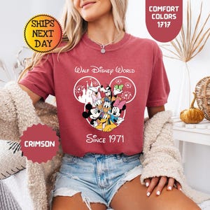 Pode incluir: Camiseta carmesim com um design do Walt Disney World com Mickey Mouse e amigos. A camisa tem o texto "Walt Disney World Since 1971". A camisa &eacute; de cor confort&aacute;vel.