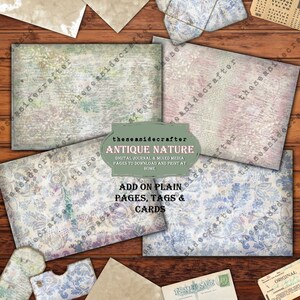 Antique nature digital junk journal kit,12 page kit of background pages, tags, cards, pockets. INSTANT download. Printable ephemera