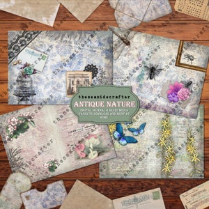 Antique nature digital junk journal kit, 22 page kit of decorated pages, tags, cards, pockets. INSTANT download. Printable ephemera