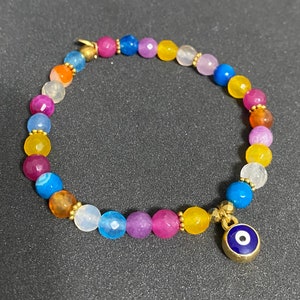 Rainbow Agate and Evil Eye Charm Beaded Gemstone Bracelet