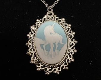 Blue and White Unicorn Cameo Necklace