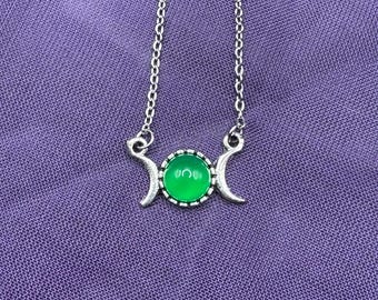 Triple Moon Goddess and Green Agate Connector Necklace