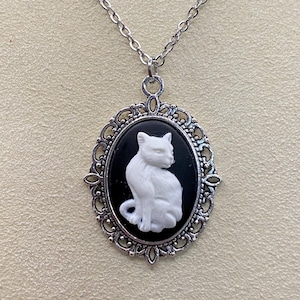 Black and White Cat Cameo Necklace