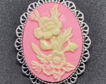 Pink and Ivory Floral Cameo Brooch