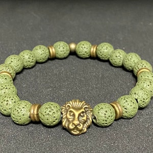 Olive Green Lava Beads and Lion’s Head Accent Bead Gemstone Bracelet