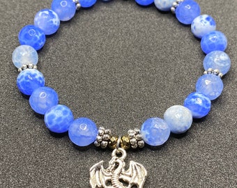 Dragon Charm and Blue Dragon Vein Agate Beaded Gemstone Bracelet
